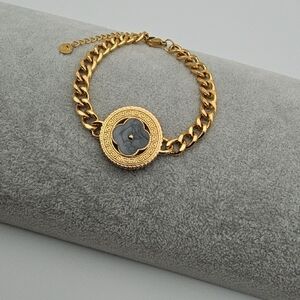 18k Gold Plated Stainless Steel Chunky Curb Chain Bracelet, Dark Gray Clover